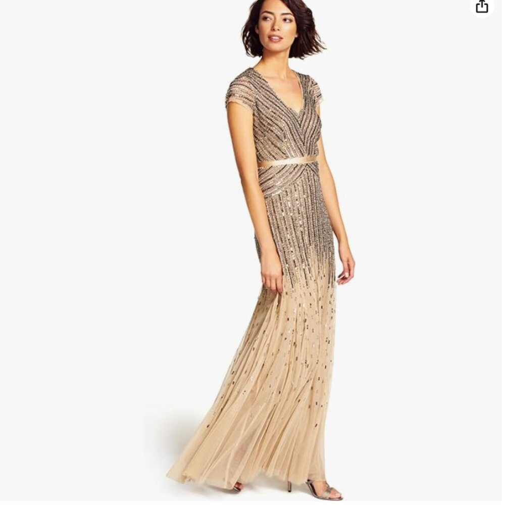 Adrianna Papell Women's Long Beaded V-Neck Dress with Cap Sleeves (Nude, 14)